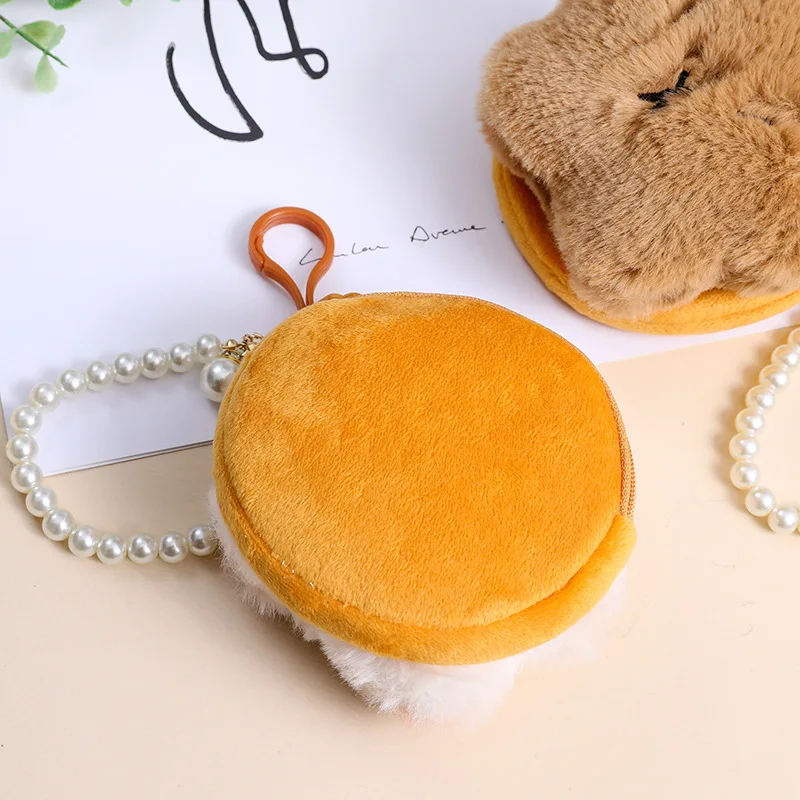 Creative Capybara Plush Bead Chain Coin Purse Kawaii Anime Plush Mini Coin Bag Girls Fashion Headphone Data Cable Storage Bag