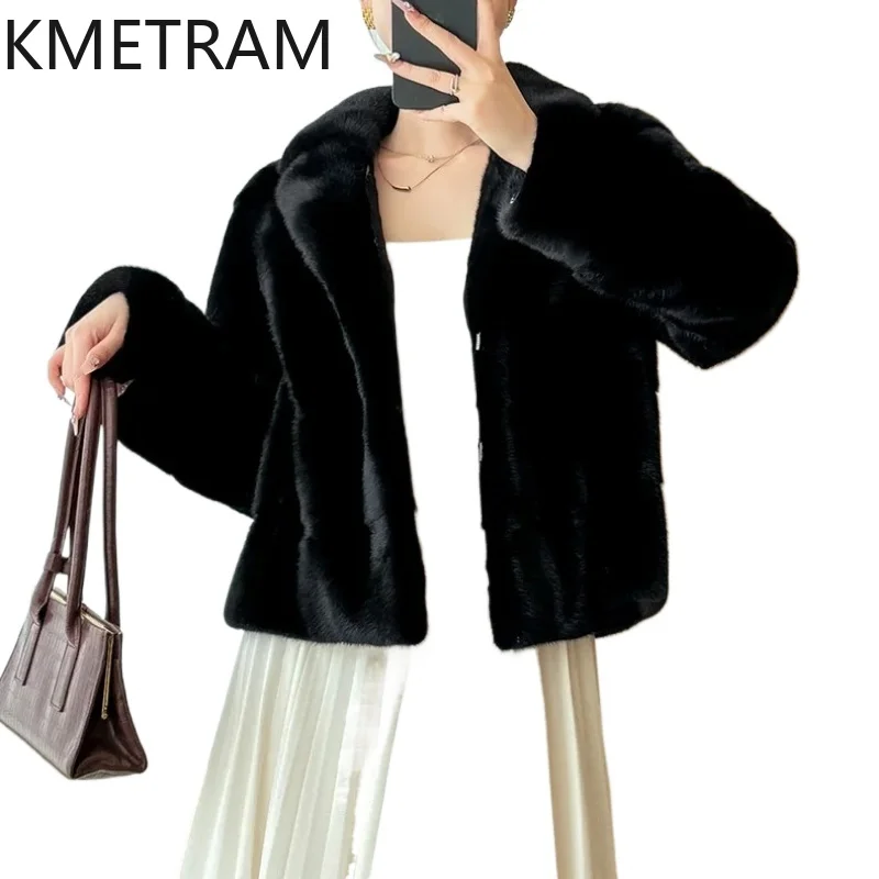سترة KMETRAM 100% من فرو المنك بالكامل بدلة نسائية بياقة قصيرة سترات من الفرو الحقيقي باللون الأسود لشتاء 2025 جديدة في معاطف ملابس نسائية شوروبا