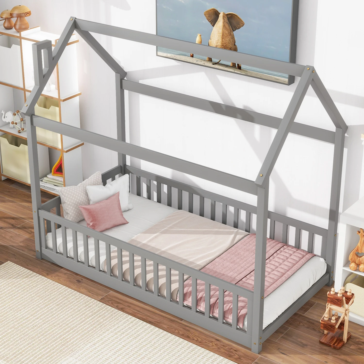 

Twin Grey House Bed with Guardrails & Slats