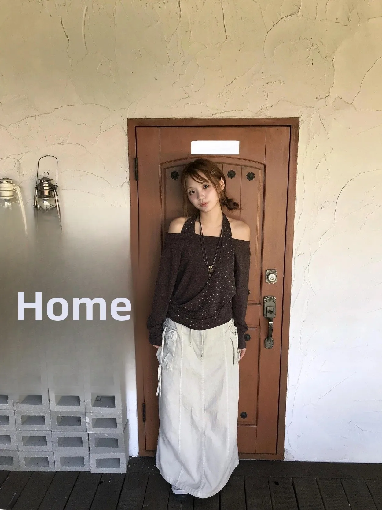 فريدة من نوعها SEI الكورية Sle Street Faion البولكا نقطة المرقعة غير المتكافئة النايلين عارضة تنوعا oulder Bared Long Sve...