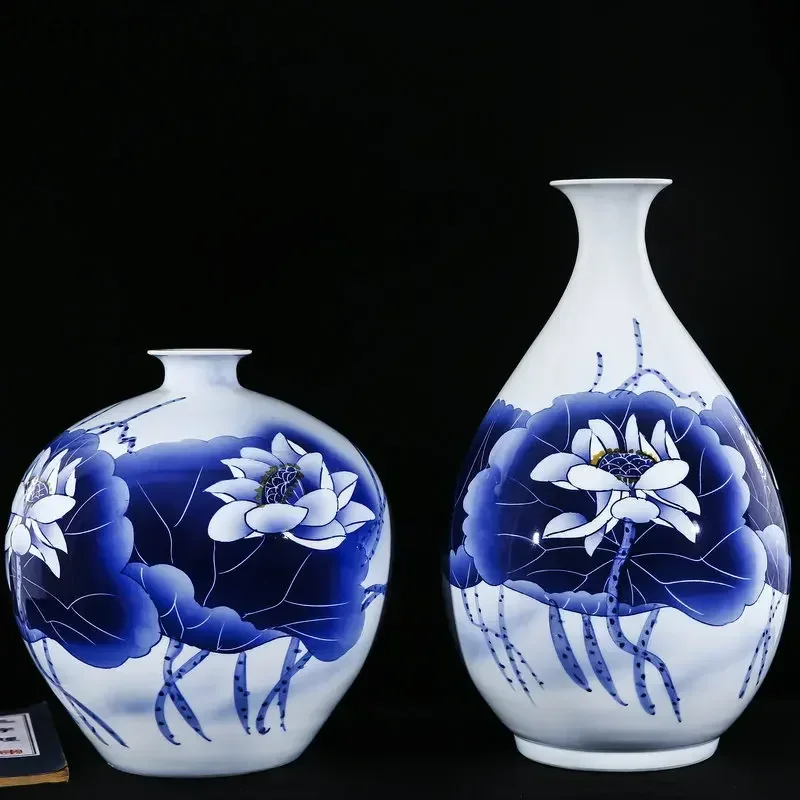 BJ-12   Ceramic Small Vase Blue and White Porcelain Hand-painted Peony Lotus Landscape Ornament Decoration