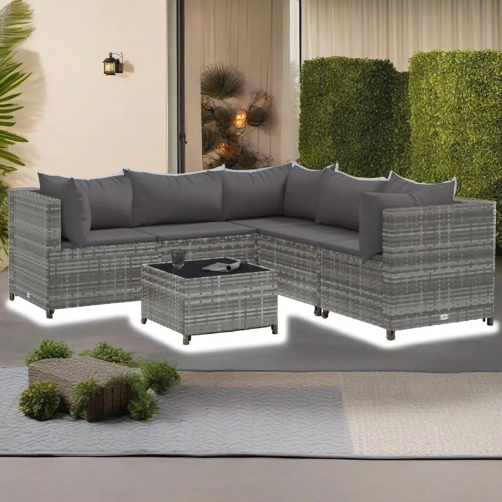 

6-Piece Gray Poly Rattan Patio Lounge Set with Cushions - Outdoor Furniture for Garden & Deck