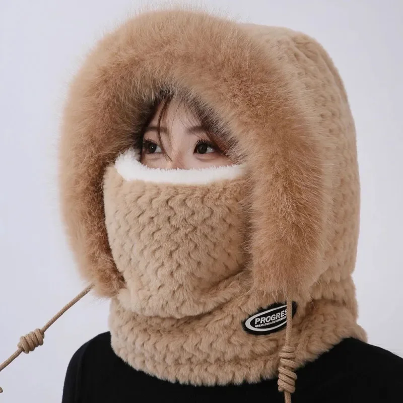 Autumn and Winter Women Thermal Plush Hat Hood Scarf and Mask Ear Protection Windproof Thick Design for Riding Outdoor