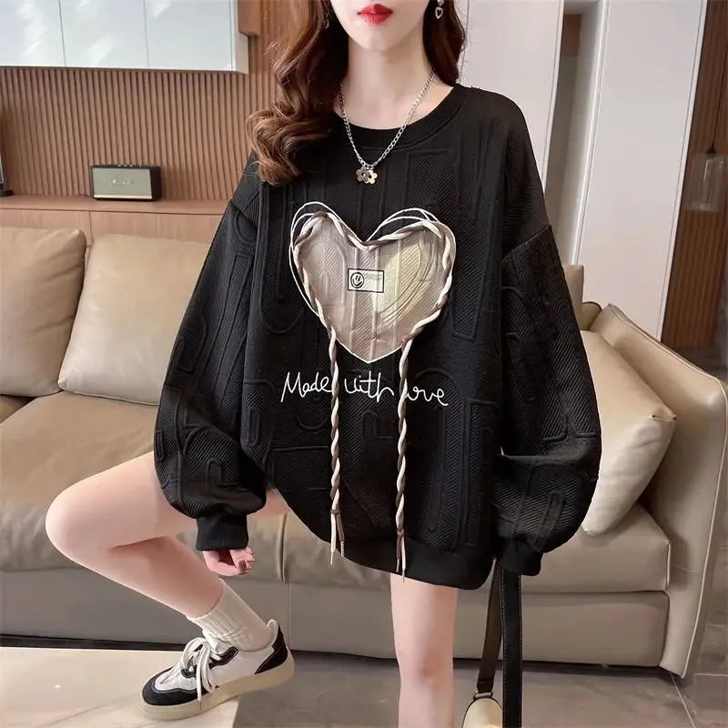 Autumn Oversized Women Clothing Casual Printing O-neck Long Sleeve Sweatshirts Female All-match Bright Line Decoration T-Shirts