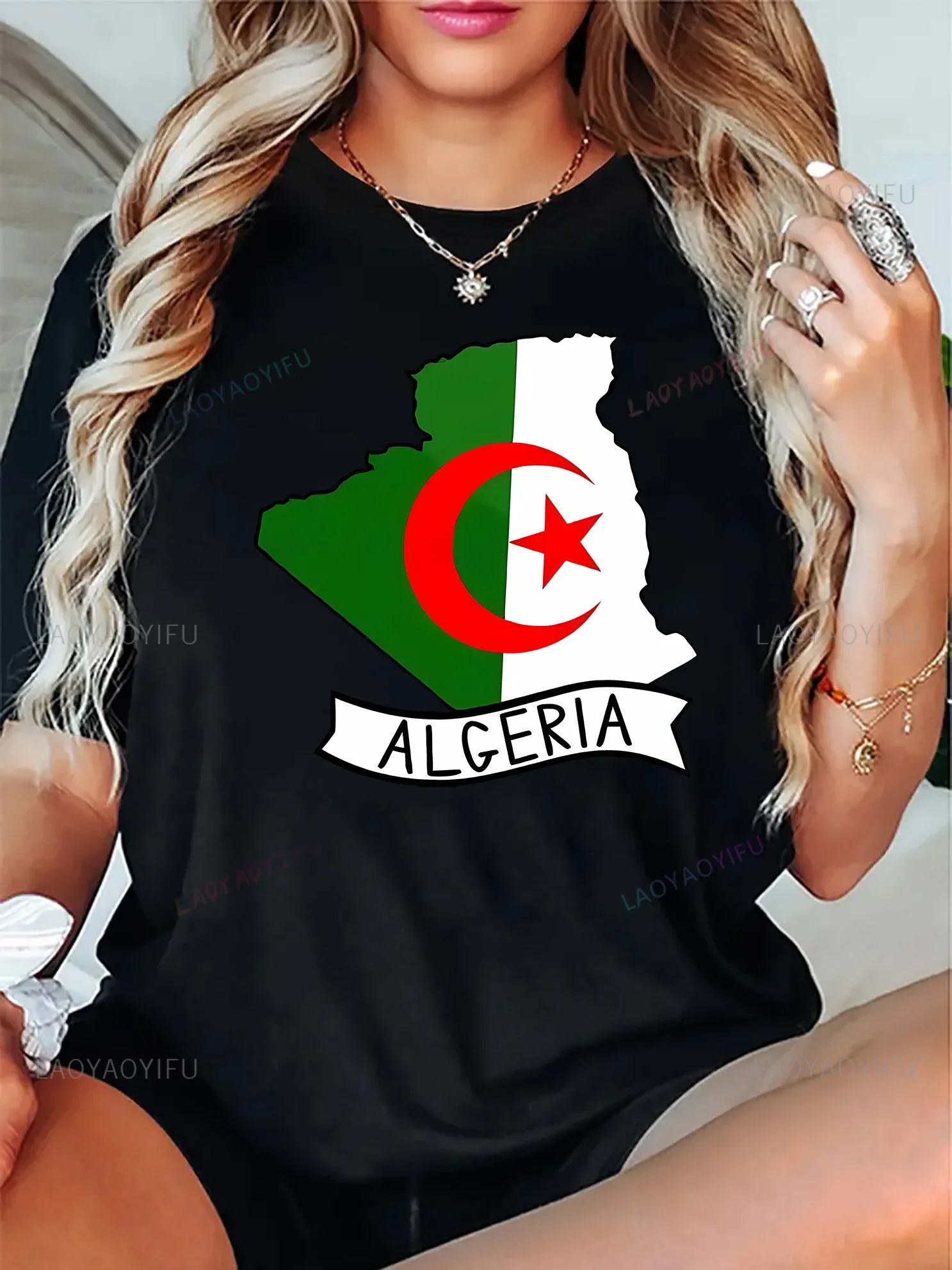 تي شيرت مطبوع عليه علم الجزائر للنساء كاجوال برقبة دائرية وأكمام قصيرة تي شيرت قابل للتنفس متعدد الاستخدامات موسمي جديد كاجوال بسيط #1