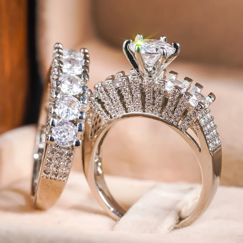 Huitan Bright 2Pcs Rings with Sparking Cubic Zirconia Brilliant Elegant Temperament Accessories for Women Chic Wedding Jewelry