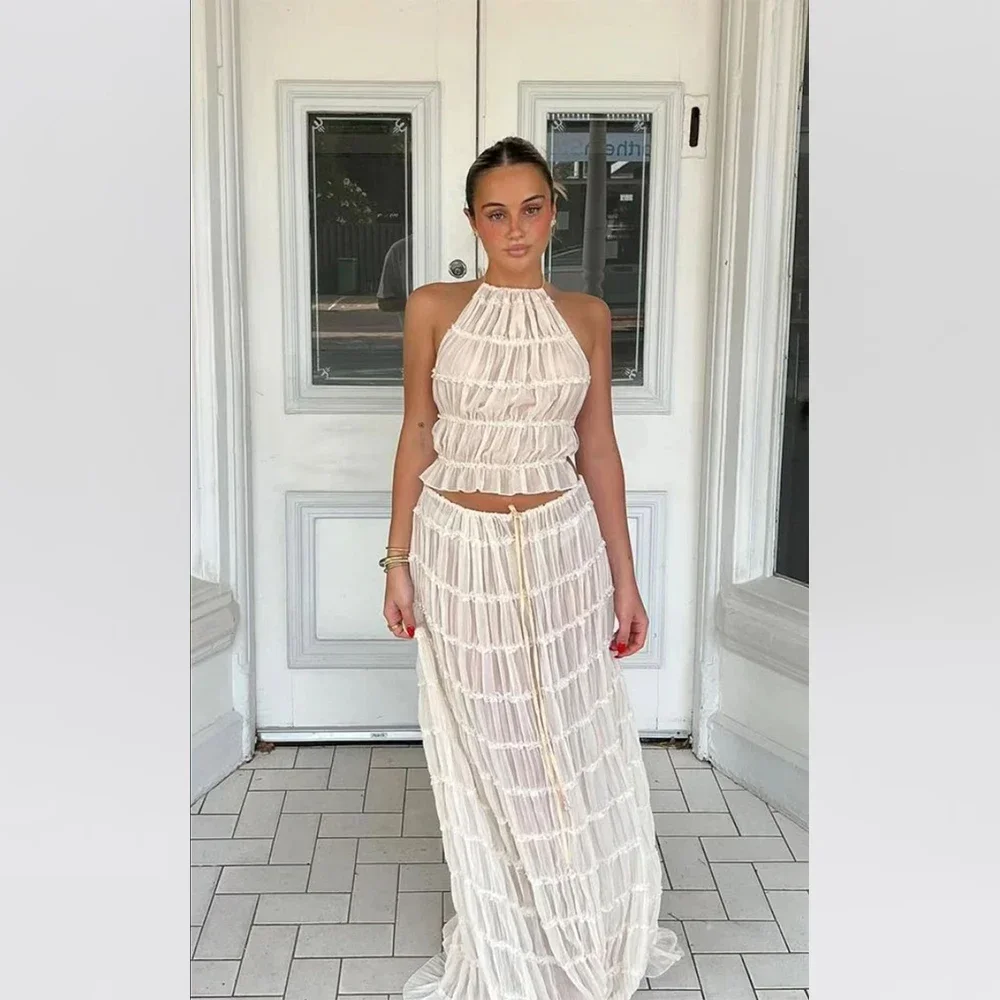 

Fashionable and Sexy Backless Hanging Neck Strap Pleated Lace Lace Vest Long Skirt Set 2025