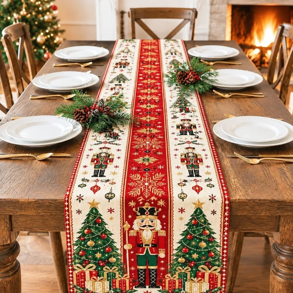American Style Christmas Table Runner Vintage Printed Soft Fabric Xmas Table Flag Nice Draping Effect Easy To Maintain