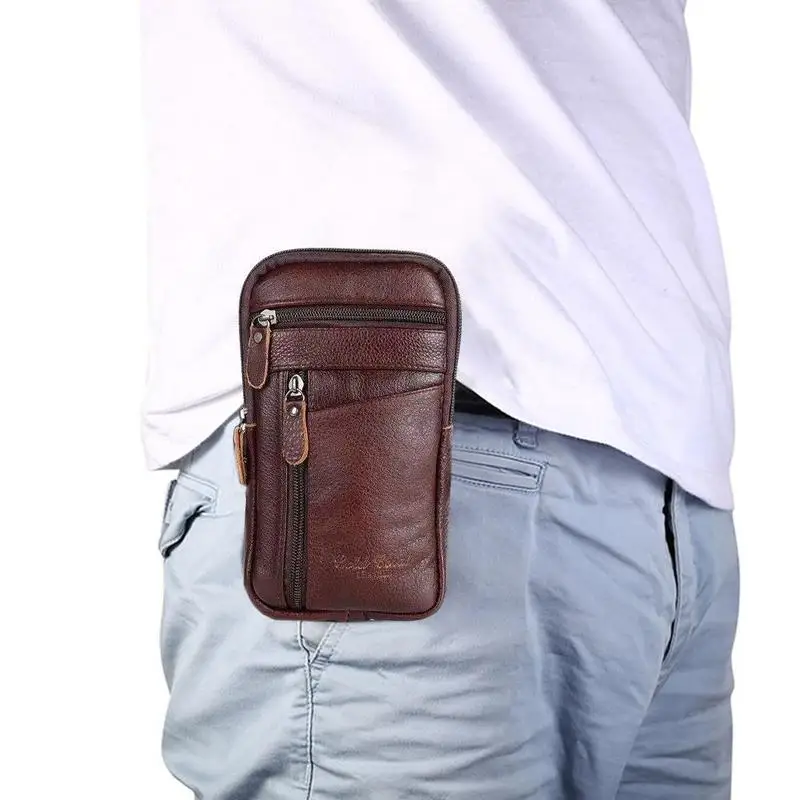 Vertikale Herren-Handytasche aus echtem Leder, multifunktionale Gürteltasche mit diebstahlsicherem Reißverschluss, kann als Gürteltasche getragen werden. – Detail 7
