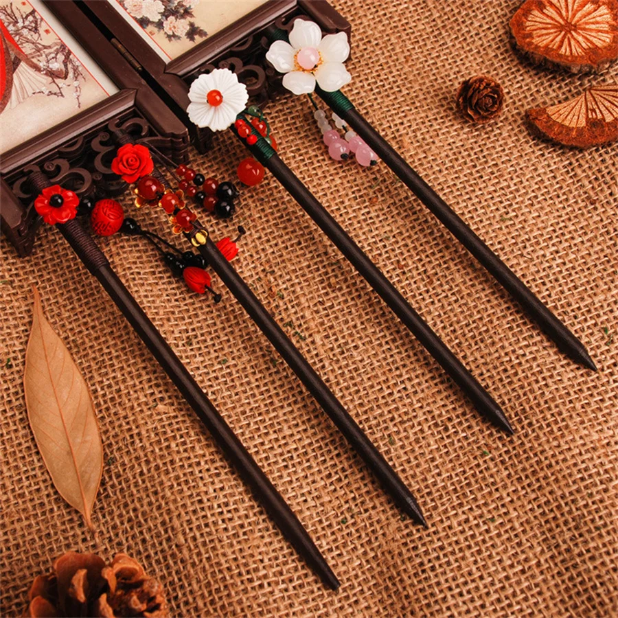 2022 New Handmade Luxury Flower Hairpins Hair Sticks Vintage Wood Chinese Hair Stick Pins For Women Hair Ornaments Head Jewelry