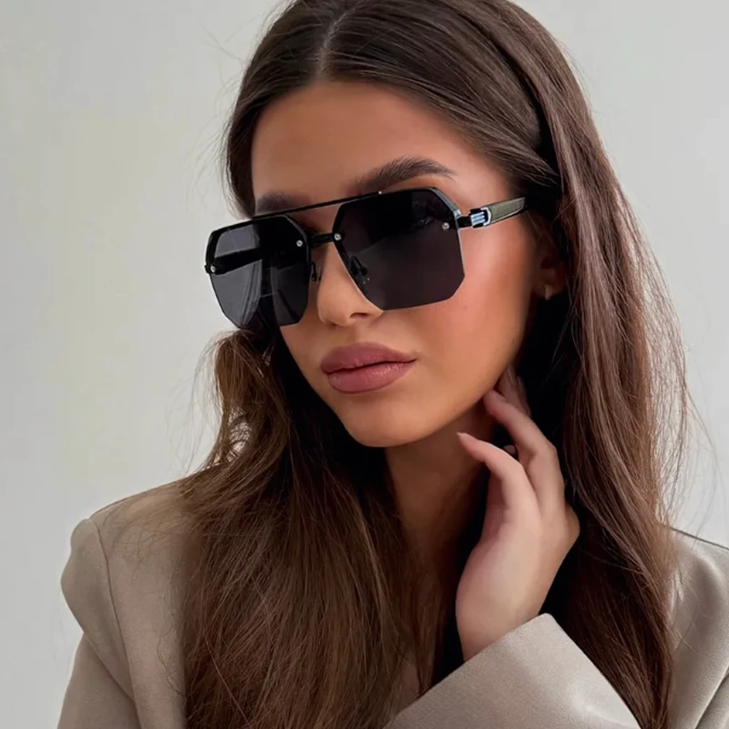 Gafas de sol cuadradas de Metal con medio marco, 3 uds., uñas de arroz, doble vigas, gafas de sol informales de tendencia con personalidad, lentes con gradiente 