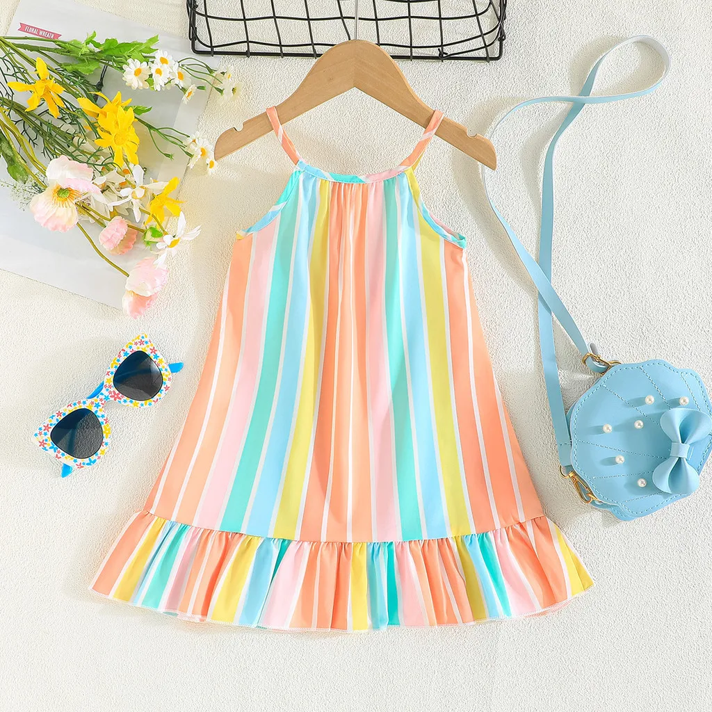 Dress For Kids 1-4 Years old Birthday Rainbow Stripes Cute Suspender Princess Dresses Ootd For Girl