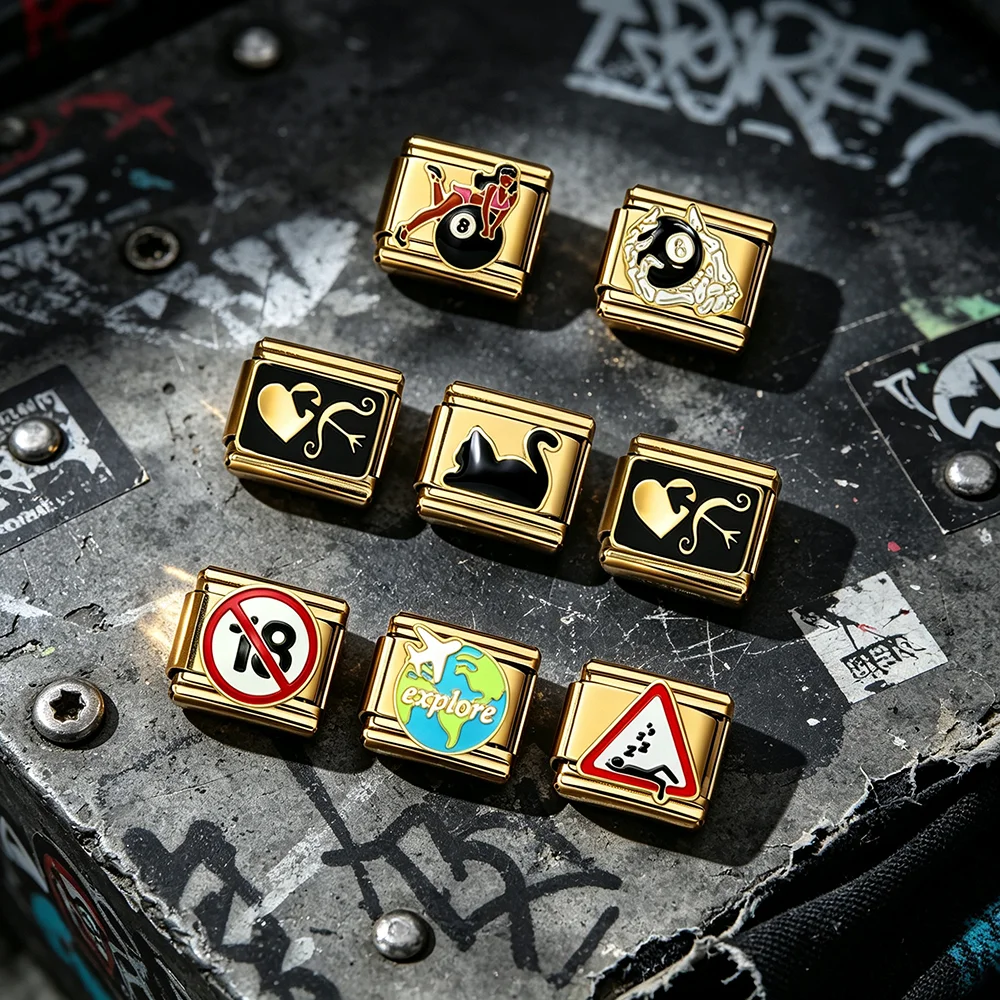 Skull Billiards Black Cat Plane Earth Explore Gold Color Italian Charm Bracelet Stainless Steel Women Men Jewelry DIY Making
