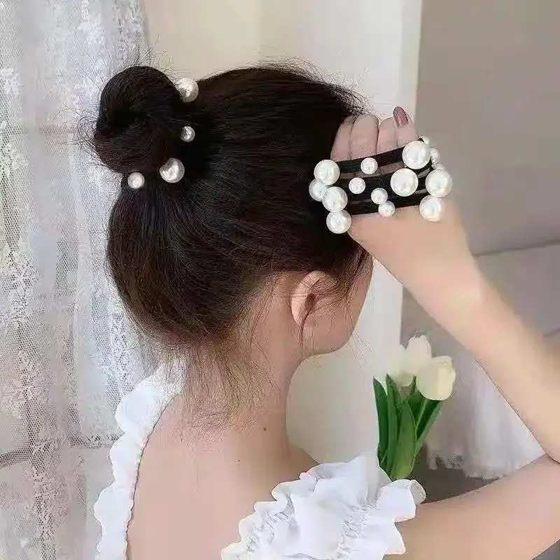 5pcs/10pcs Fashion Pearl Seamless Black Bow Lace Elastic Hair Bands Rope Ties Simple Adult Hair Accessories for Girls