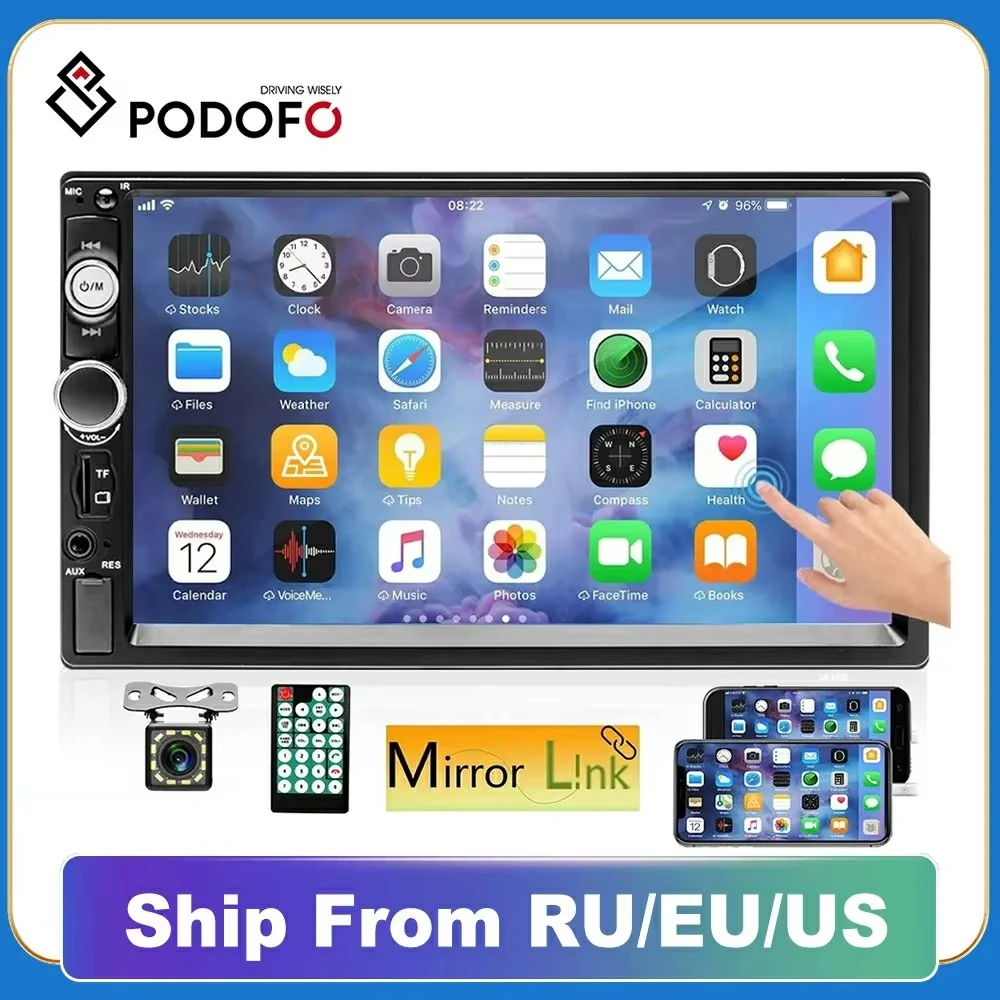 Podofo 2 Din Radio de coche estéreo Bluetooth 7 "HD estéreo de coche reproductor Multimedia de Audio automático MP5 pantalla táctil Universal USB TF FM