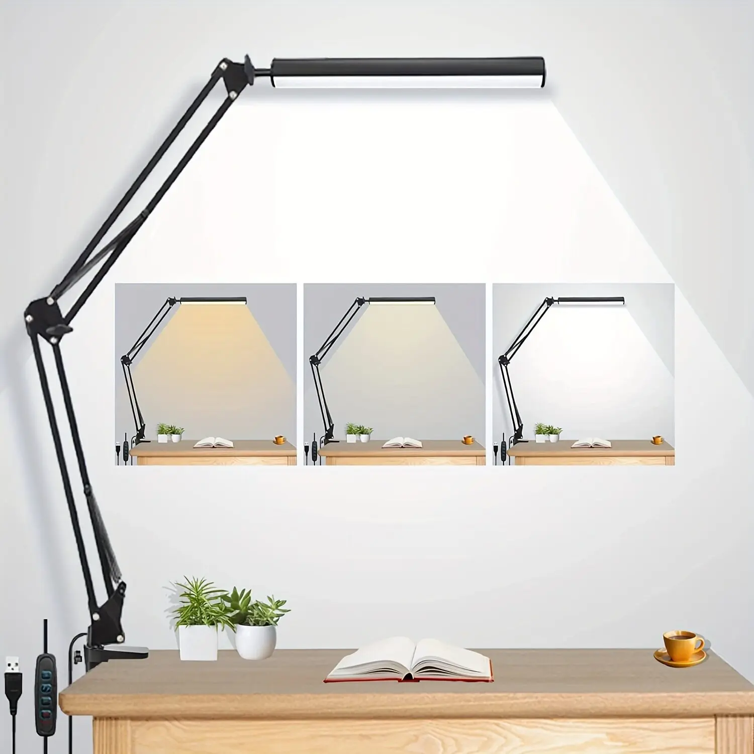 33CM USB LED Clamp Desk Lamp with Extra Long Adjustable Swing Arm Light Head Eye Protection for Home Office Study Manicure