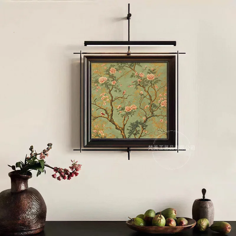 French retro metal boom decorative painting atmosphere luminous mural hotel clubhouse high-end square hanging painting wall lamp