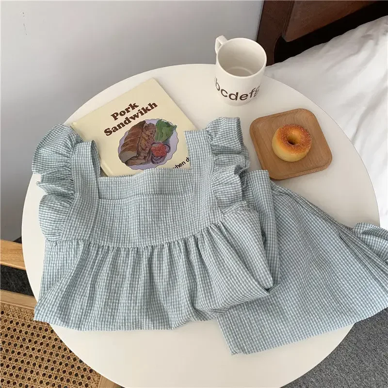 Plaid Sleepwear Women Pajamas Shorts Set Fly Sleeve Korean Kawaii Pijama Ruffles Summer Home Clothes Suit Sleeping Night Wear