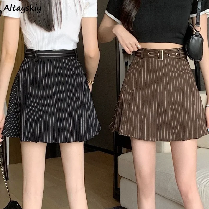 

Mini Pleated Skirts Women Spring Summer Striped Basic Leisure Simple All-match Preppy Style Ulzzang High Waist College Chic Ins