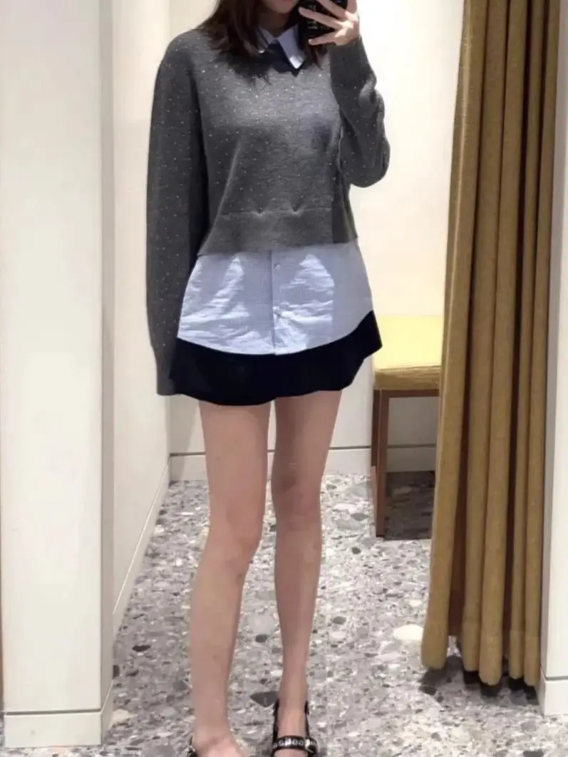 

2026 Spring Women Fake Two Piece Sweater Rhinestone Decoration Turn-down Collar Long Sleeve Casual Female Knitted Pullover