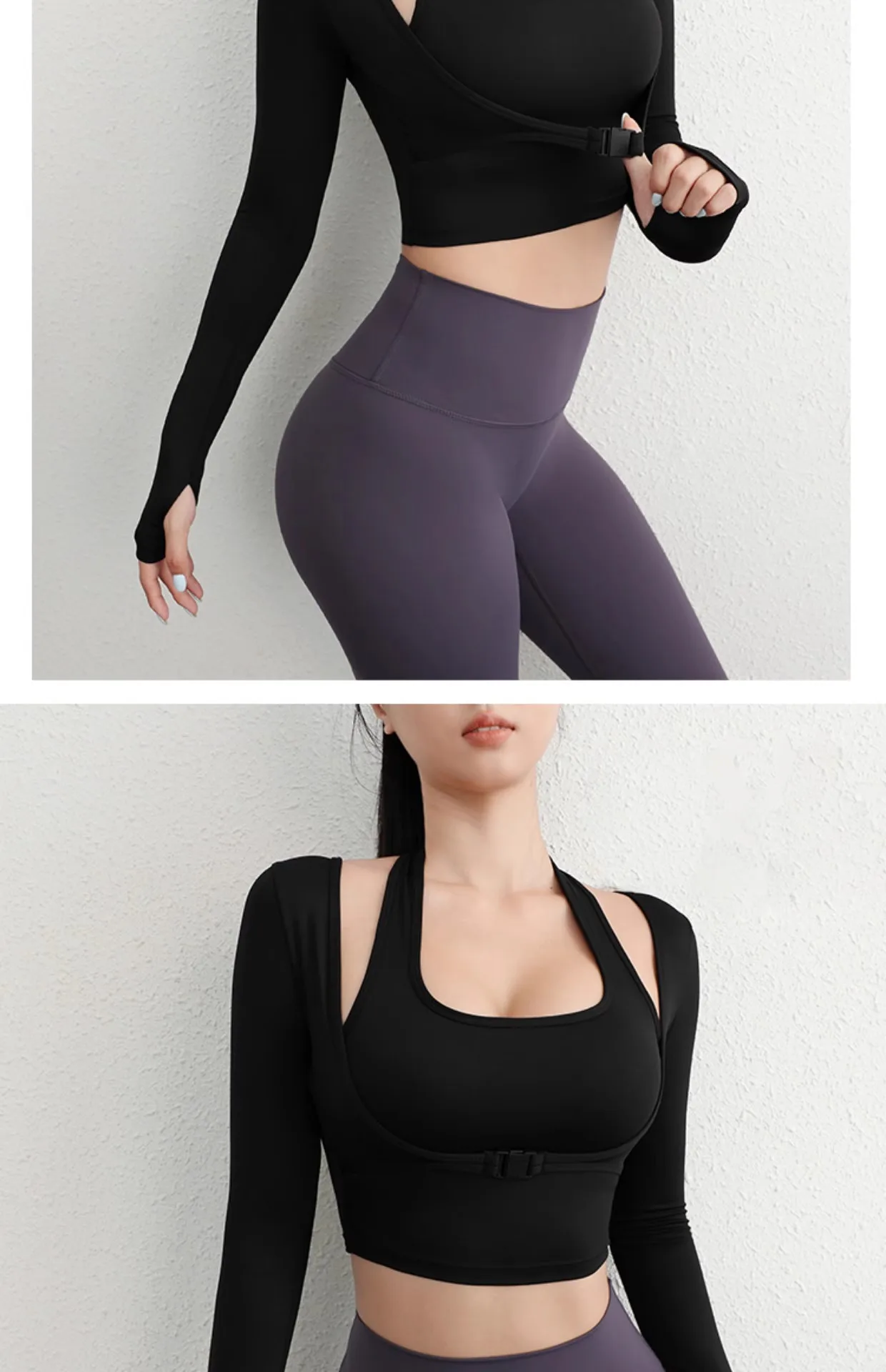 Herbst Sport Damen Oberteile Modische Langarm-Trainings-Tops mit Daumenlöchern Fitness Crop Yoga-Top – Detail 29
