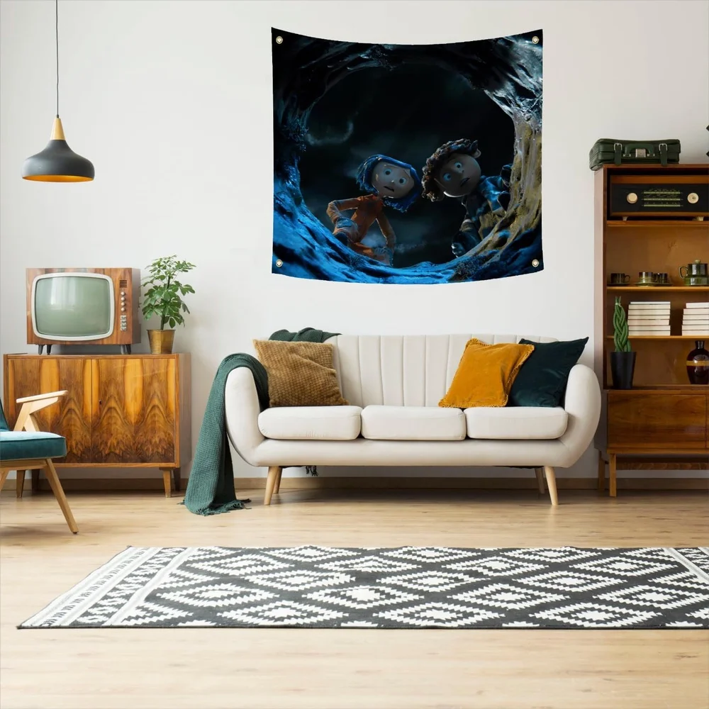 Mysterious Cave Tapestry: Animated Characters in a Dark, Enchanting Scene for a Thrilling Home Decor