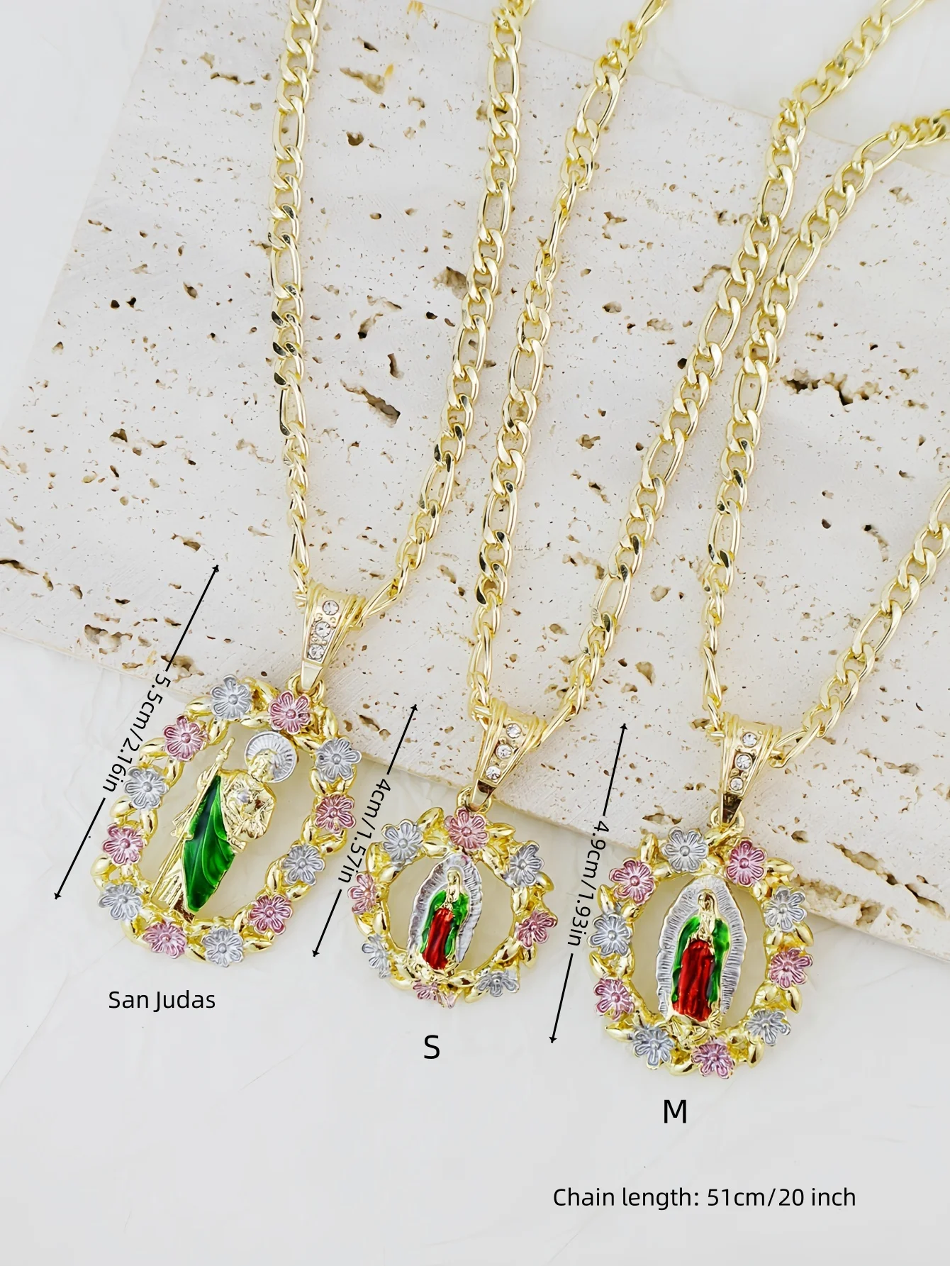 Tricolor Our Lady of Guadalupe Virgin Mary Pendant Green St. Jude Necklace Saint Jude Gold-Plated Mexican Jewelry