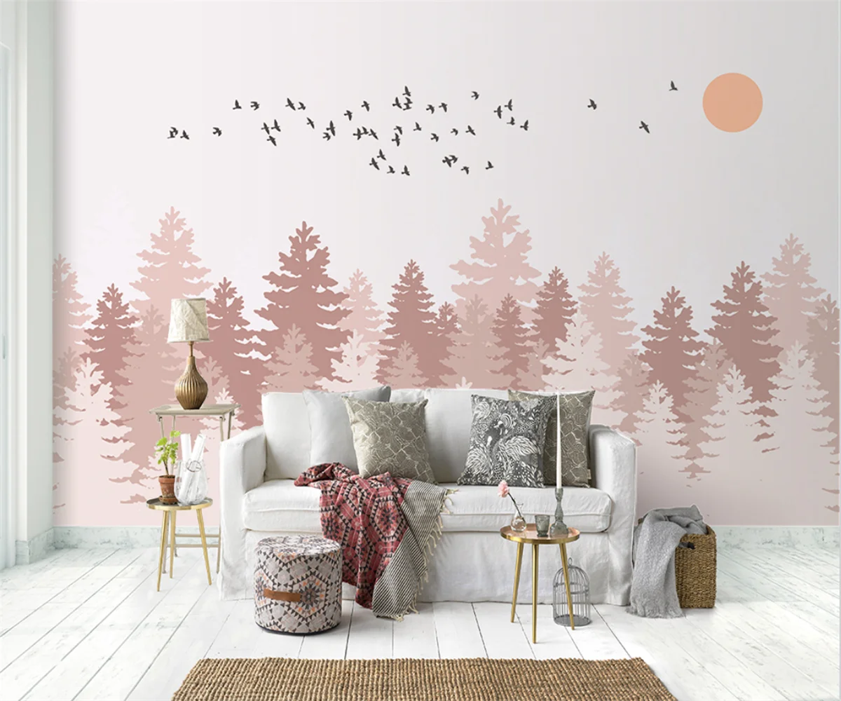 Custom wallpaper backdrop decorative wallpaper personality hand painted nordic pink forest bird forest home 3d wallpaper