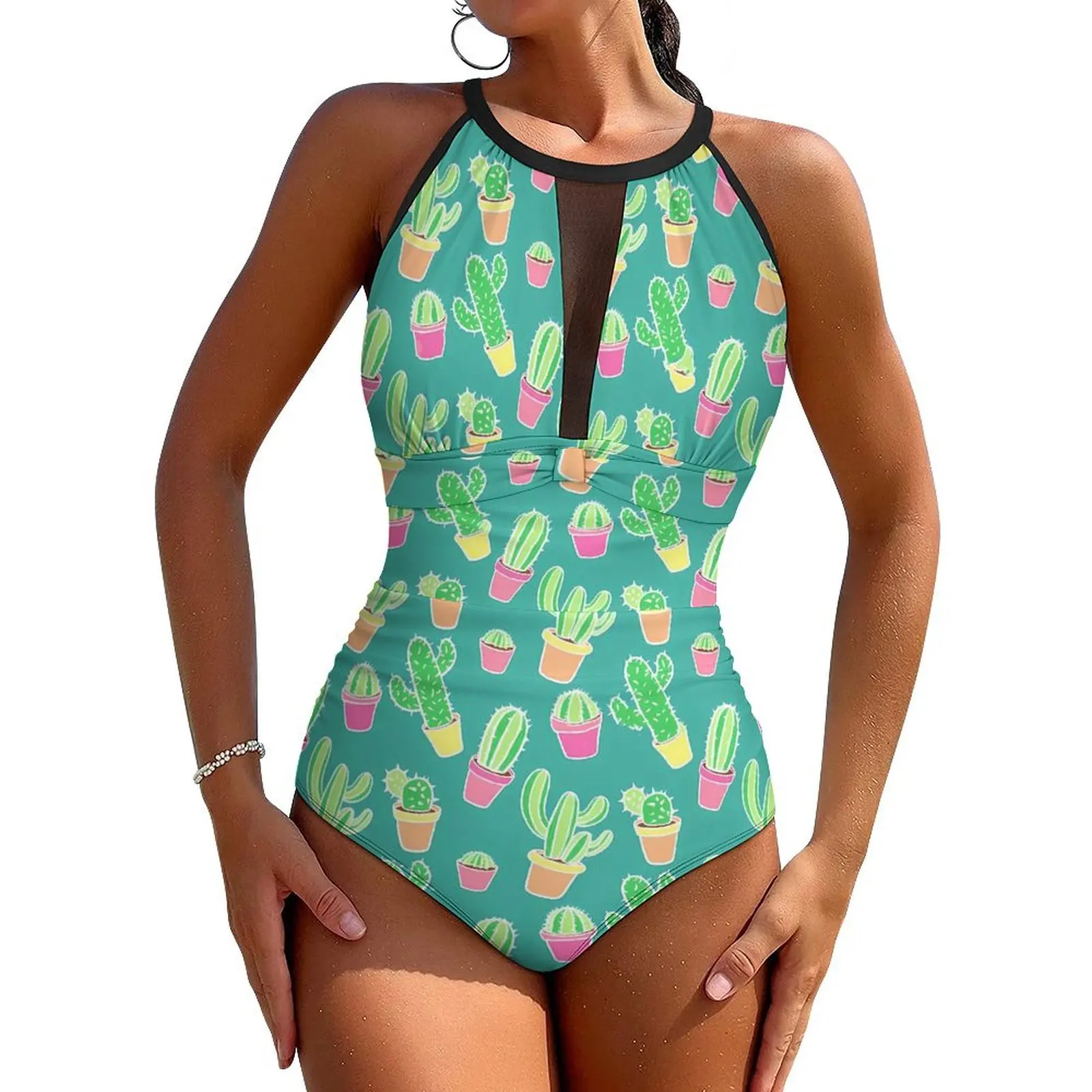 Neon Cactus Swimsuit Cute Plants Print Push Up Swimwear One-Piece Vacation Bath Monokini Bodysuit Sexy Beachwear Plus Size