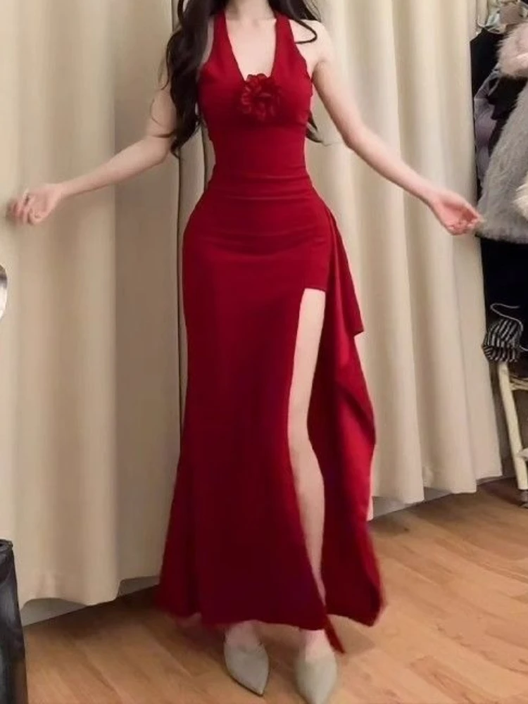 セクシーでエレガントなスリムなプロムドレス、レディースファッションデザイン、スリムなスラッシュネックVネックドレス、ヴィンテージ風ホットガールロングスリットドレス