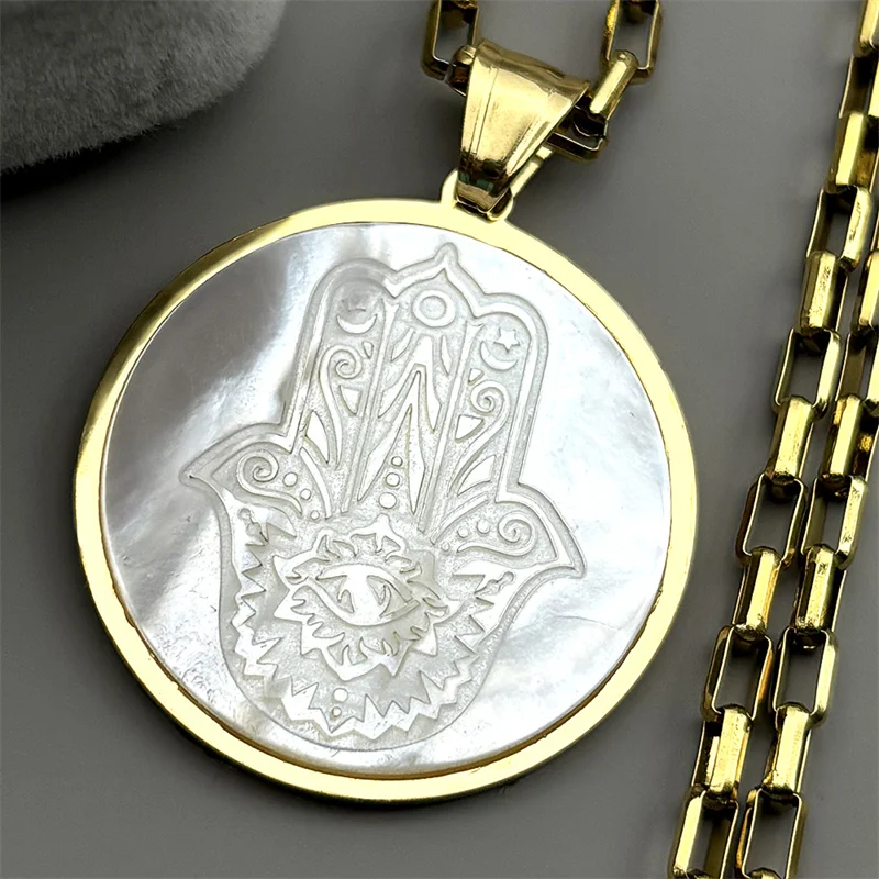 

Natural Shell Hamsa Hand of Fatima Stainless Steel Necklaces for Women Men Fatima´s Hand Turkish Eye Necklaces Pendants Jewelry