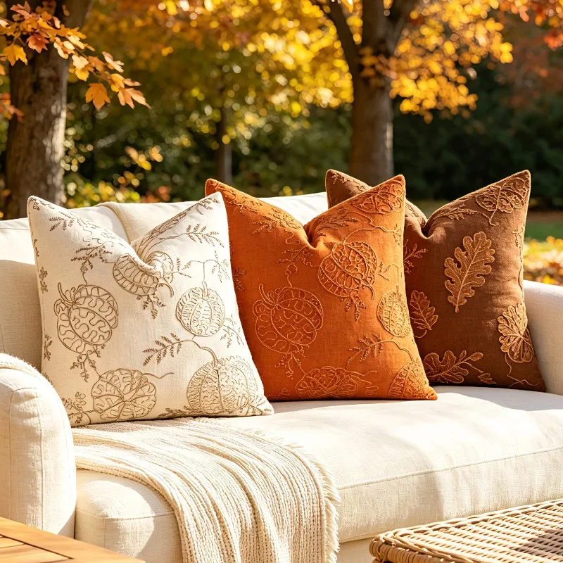 Autumn Maple Leaf Pillowcase Thanksgiving and Halloween Embroidered Pumpkin Cushion Cover Decorate The Living Room Outdoors
