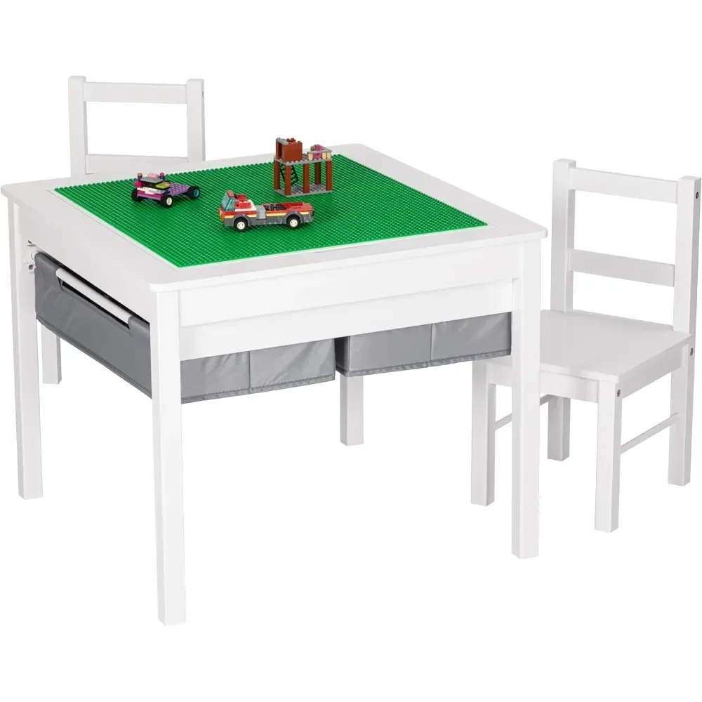 2 in 1 Kids Construction Play Table and 2 Chairs Set with Storage Drawers, and Built in Plate Compatible with Lego and Duplo