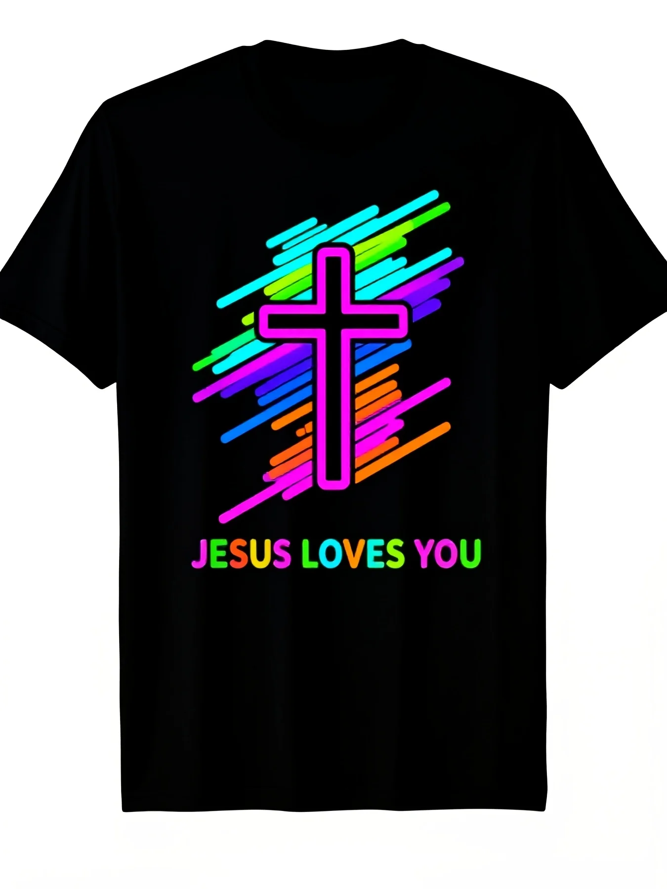 Loves You Christian Graphic TShirt for Men Unisex Casual Tee with Neon Cross Design Short Sleeve Round Neck AllSeason Comfort Sizes SXXXL Comfortable Clothing Vibrant Print ShirtRetro Casual Short-sleeved T-shirt with a Round Neck and Printed