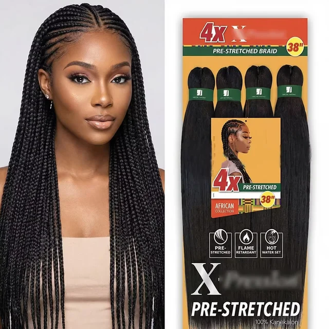 38 inch synthetic braid Soft Yaki Texture Hot Water Setting prestretched braid hair 4x braid for box braid and twists(1 pack, 4)