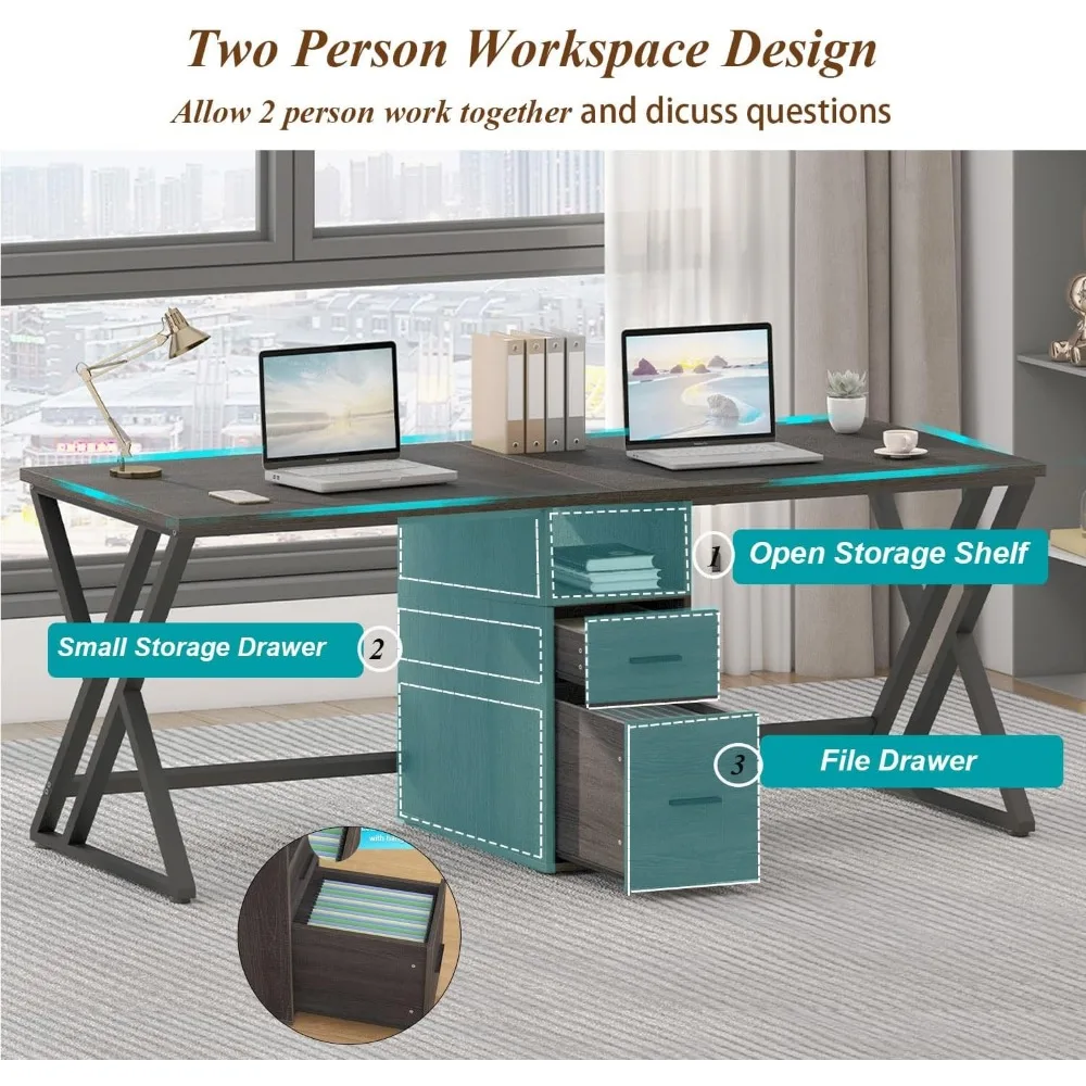 مكتب صناعي ريفي لشخصين مع خزانة تخزين ودرج ملفات لمساحات مكتبية كبيرة