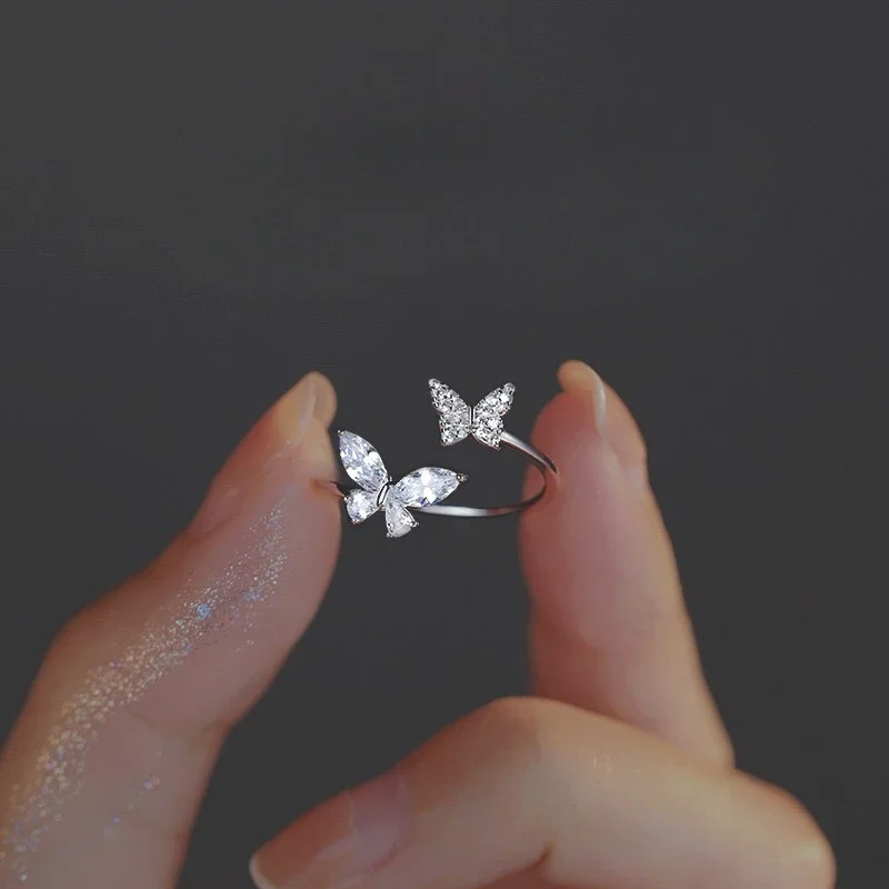 Sweet Exquisite 925 Sterling Silver Adjustable Full Zircons Double Butterflies Engagement Ring for Women Korean Jewelry Gifts