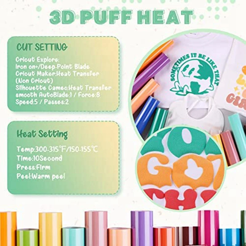 Puff Vinyl Heat Transfer para Camisetas, Compatível DIY, 12x10 Polegadas, 1 Conjunto