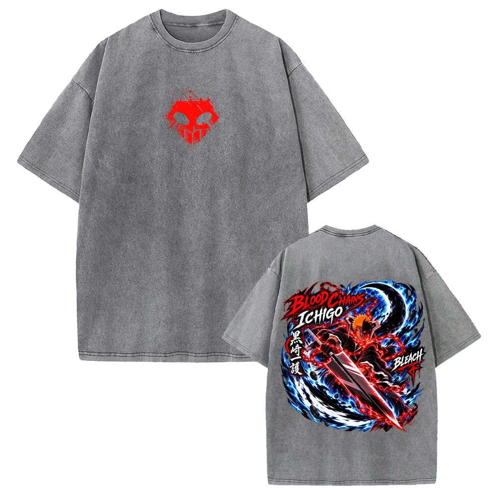 Anime Bleach Blood‑Chains Ichigo Kurosaki T-Shirts Harajuku Vintage Washed T-shirt Unisex Clothing Short Sleeve Fashion Tee Tops