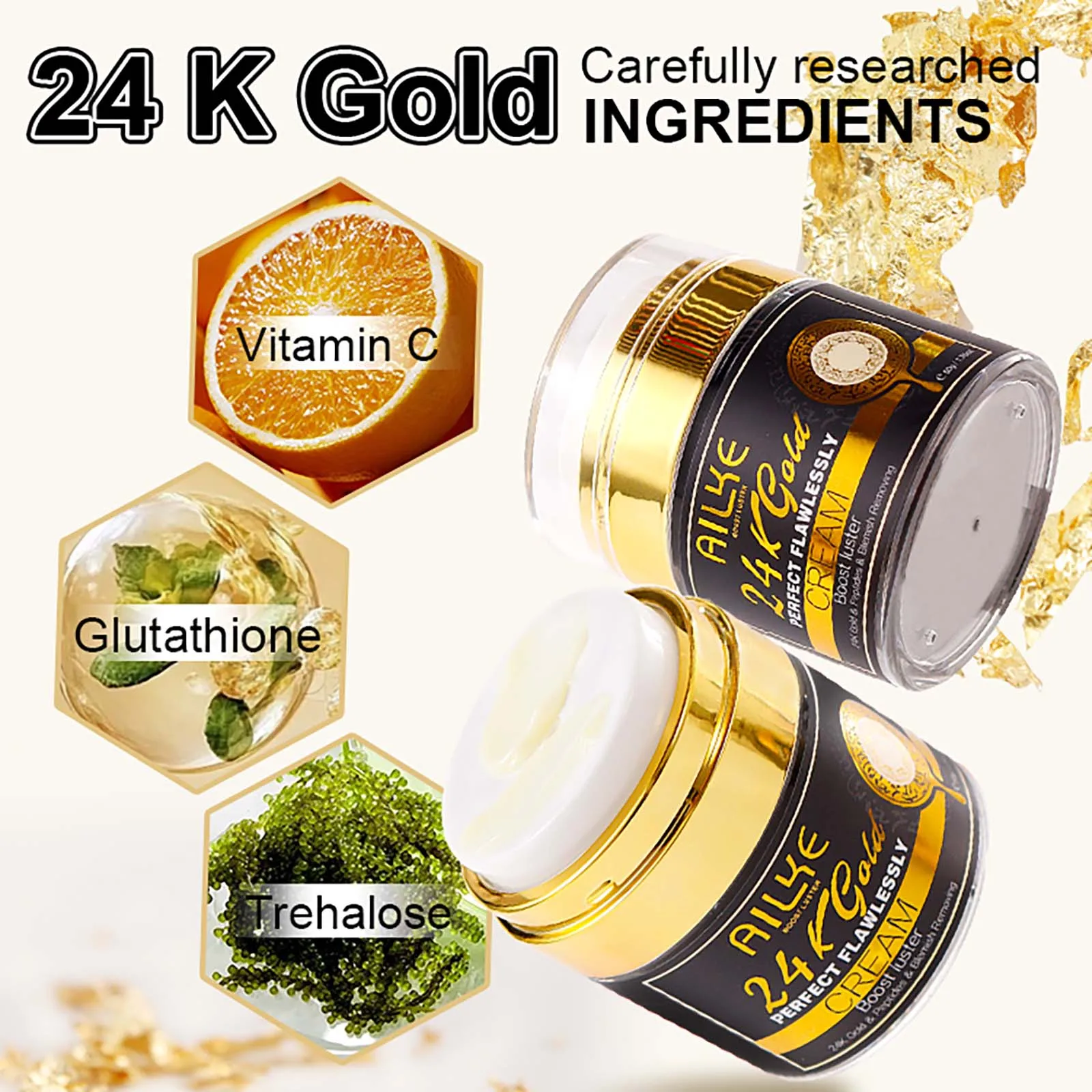 AILKE 24k Gold Perfect Flawlessly Face Cream, Whitening, Reduce Blemish, Melanin, Improve Dull Skin, With Glutathione Vitamin C