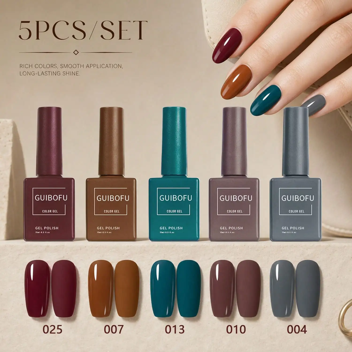 5PCS Nail Gel Polish Set,15ml Each Bottle,Color Matching Packaging Design,Multi Shade Gel Polish Collection For Nail Art Lovers