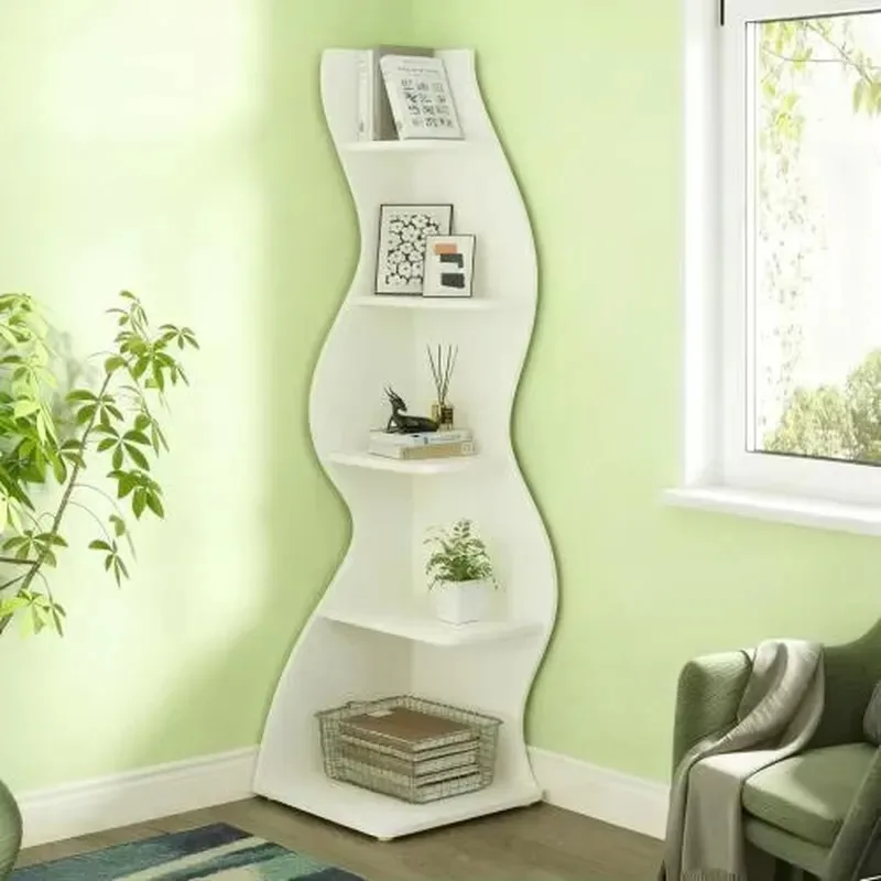 White 5 Layer Wavy Corner Bookshelf Adjustable Storage Plant Shelf for Living Room Bedroom Office