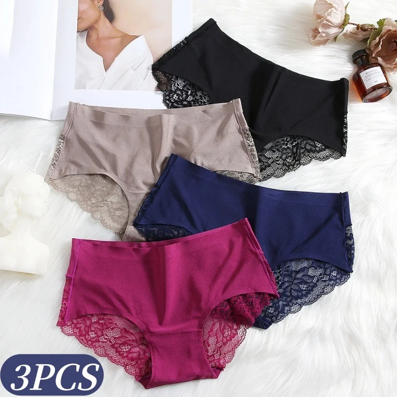 3 Stück/Set Damen Nahtlose Spitzen-Slips mit Spitzenbesatz, Weiche Unterwäsche, Tiefsitzende Bikini-Slips, Sexy Dessous, Intimwäsche, M-XXL