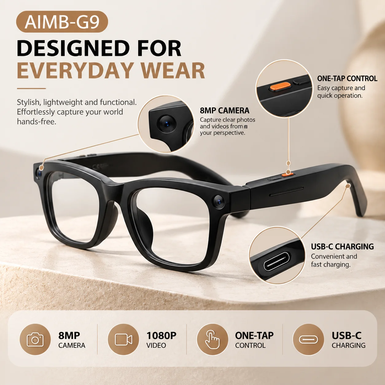 AIMB-G9 Smart Glasses 8MP HD Camera Photo 1080P Video Recording Bluetooth Calls Image Stabilization Charging Dock
