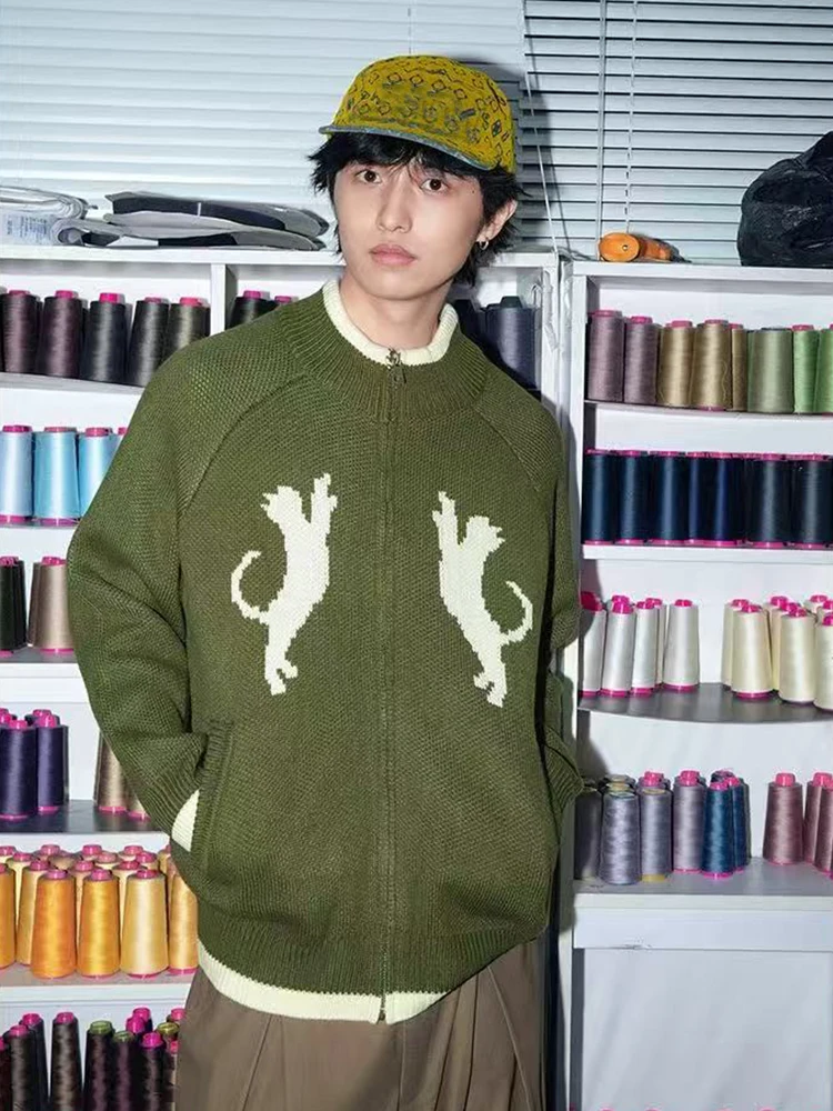 

Винтажный вязаный кардиган с кошачьим принтом для мужчин, в стиле Y2K, корейский свободный крой, на молнии, универсальный, вязаная куртка, весенний повседневный кардиган для пар