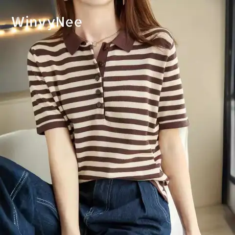 WinvyNee 여름 여성 100% 코튼 스트라이프 폴로 티셔츠, 여성 의류 상의, 반팔 스웨터, 캐주얼 베이직 풀오버, A1002004