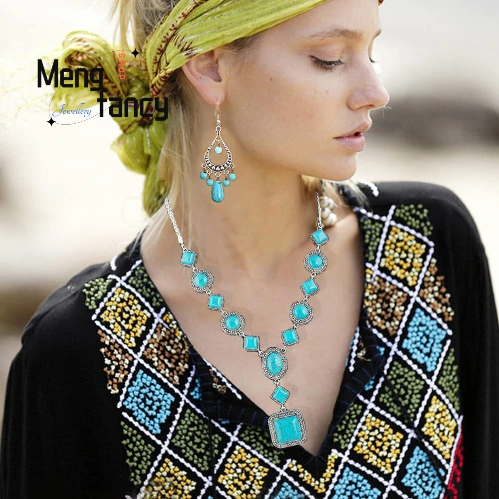 

Retro-Style Turquoise Necklace, Diamond-Shaped Round Necklace, Bracelet And Earring Set Luxury Jewelry Fashion Exquisite Elegant