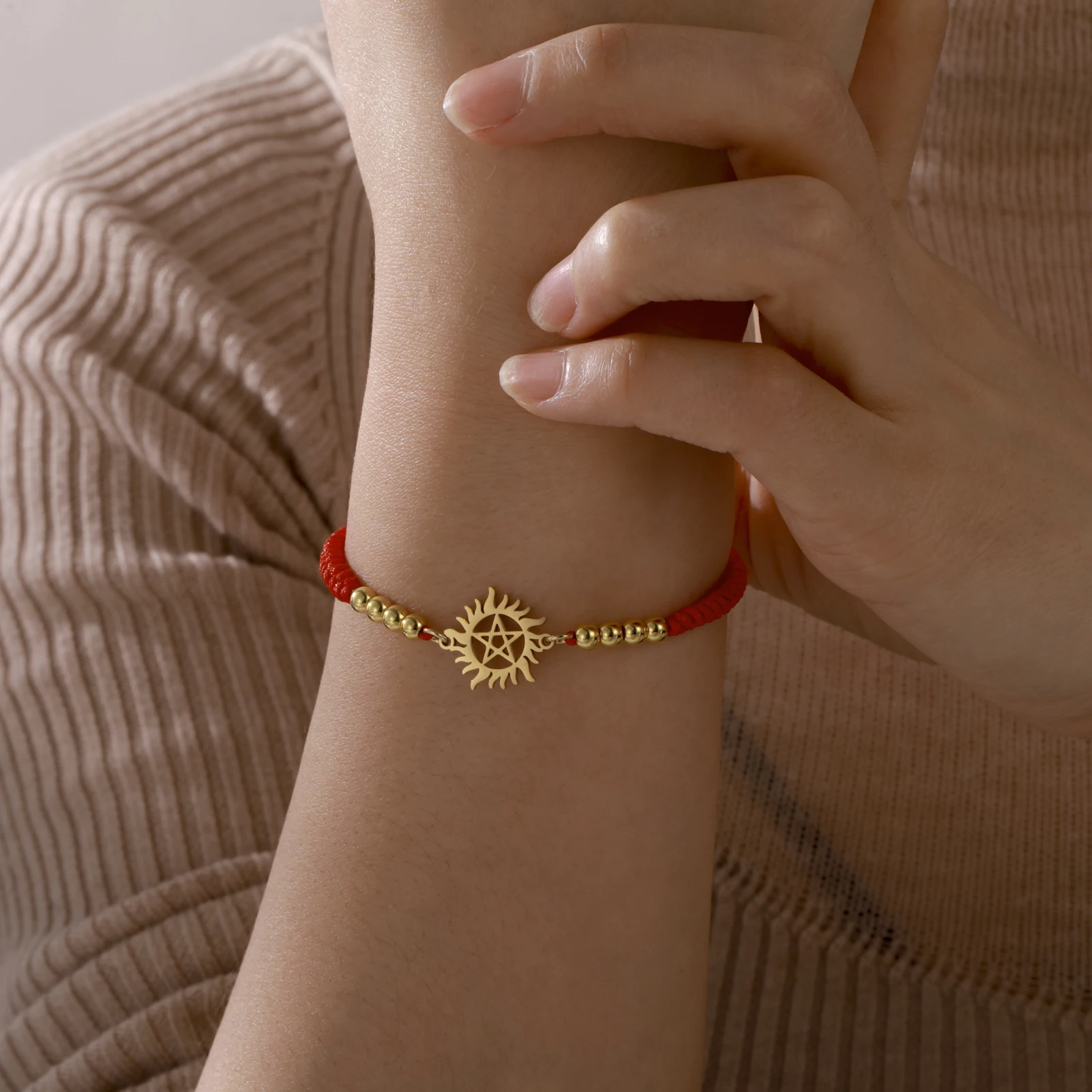 LIKGREAT السحر الخماسي سوار الشمس الخماسي أساور المنسوجة سلسلة قابل للتعديل الفولاذ المقاوم للصدأ الويكا باقان ستار مجوهرات