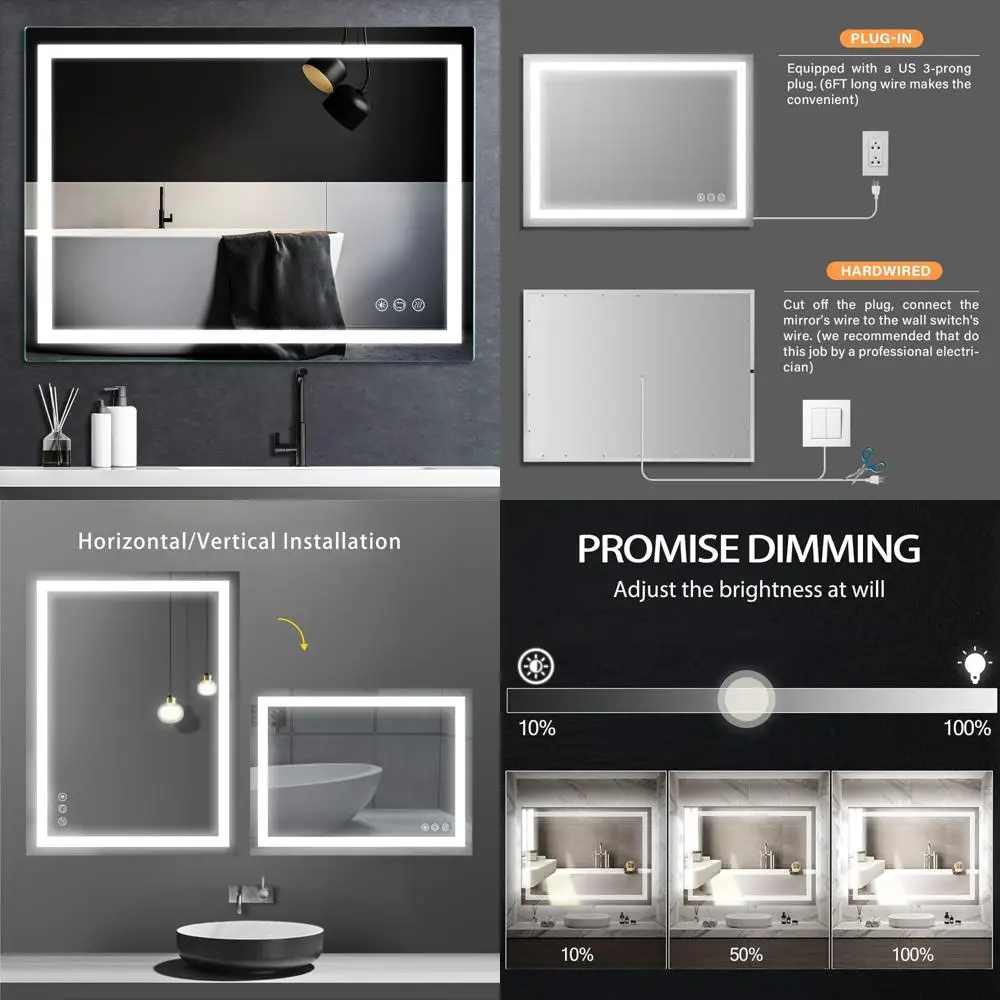 

LED Lighted Anti-Fog Bathroom Mirror, 36x28 Inch Wall Mount Vanity Mirror with Touch Controls and Memory Function