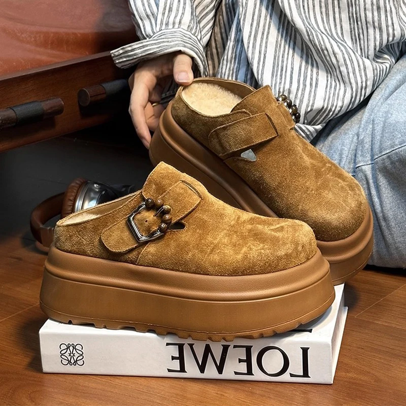 

Platform Women's Cotton Slippers Suede Flats Fashion Mules Shoes Warm Woman Winter Snow Boots 2025 New Designer Cozy Mujer Botas
